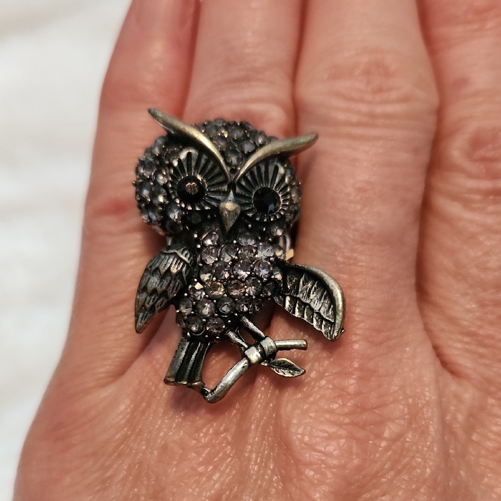 Crystal Owl Ring With Antique Finish- Nature Inspired Boho Art Jewelry Ring